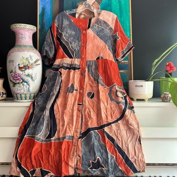 Vintage Caliente Hippie Boho Abstract Patterned Button-Down Midi Dress L - Picture 1 of 16